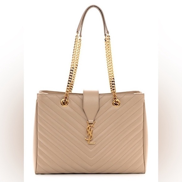 Authentic Saint Laurent YSL Grain De Poudre Matelasse Shoulder Tote in Tan Gold - Picture 1 of 16